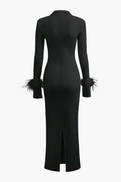 Rib Knit Button Collar Fluffy Cuff Maxi Dress