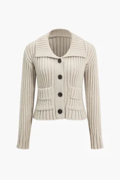 Ribbed Button-Front Pockets Sweater Cardigan