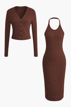 Ribbed Cardigan And Halter Dress Set