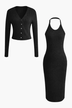 Ribbed Cardigan And Halter Dress Set