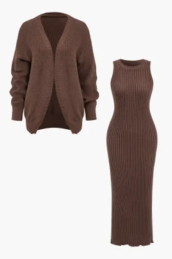 Ribbed Knit Dress And Cardigan Set