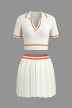 Ribbed Knit Polo Top And Pleated Skirt Set