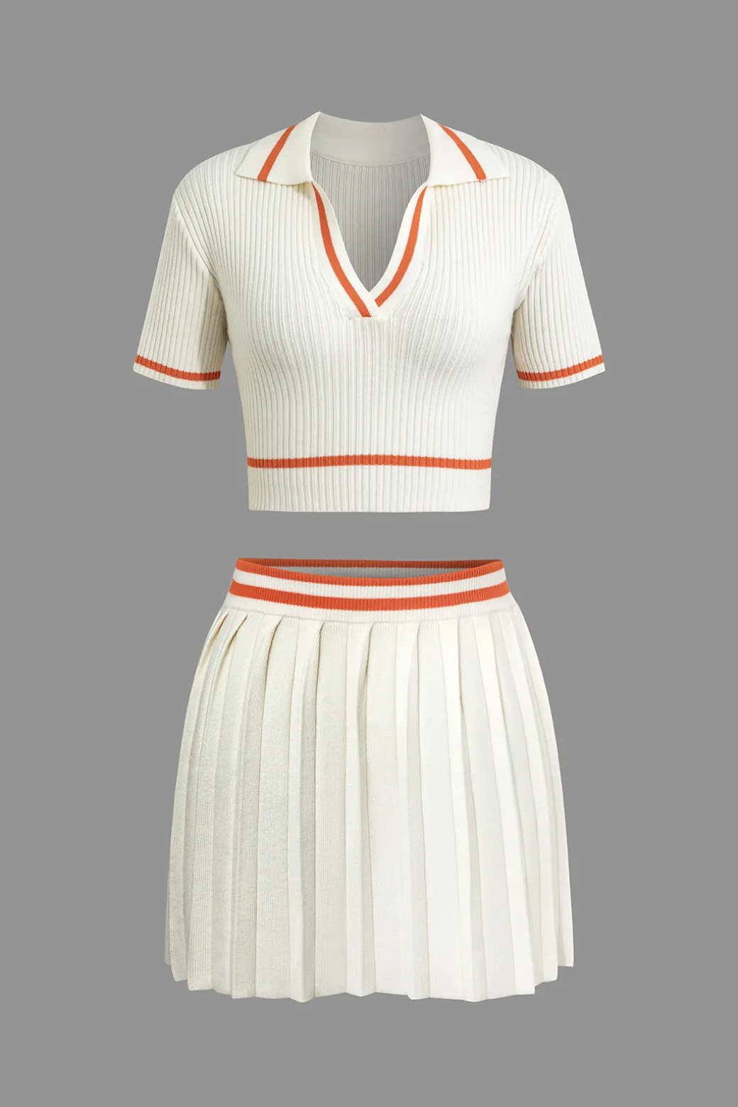 Ribbed Knit Polo Top And Pleated Skirt Set