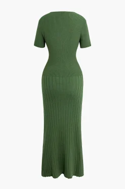 Ribbed Knit V-neck Midi Dress