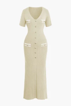 Ribbed Knit V-neck Midi Dress
