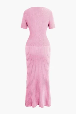 Ribbed Knit V-neck Midi Dress