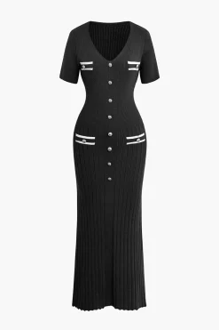 Ribbed Knit V-neck Midi Dress