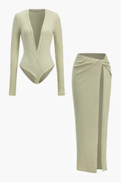 Ribbed V-Neck Bodysuit And High-Slit Midi Skirt Set