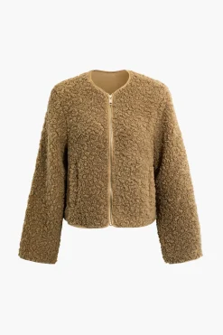 Round Neck Fleece Zip Up Long Sleeve Coat