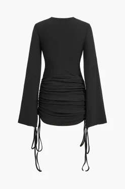 Round Neck Ruched Drawstring Bell Long Sleeve Mini Dress