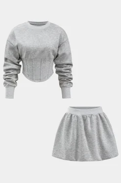 Round-Neck Corset Long-Sleeve Top And Skirt Set