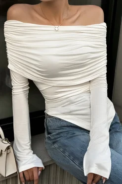 Ruched Asymmetrical Off Shoulder Long-Sleeve Top