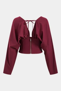 Ruched Backless Tie Back Long-Sleeve Shirt