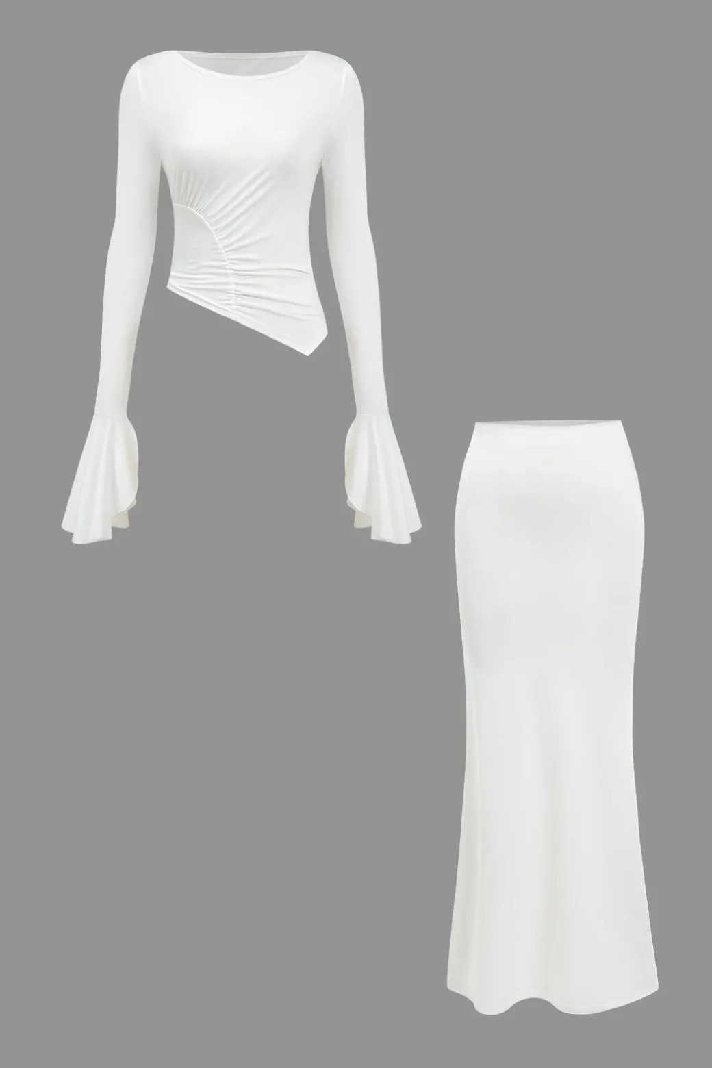 Ruched Bell Sleeve Top And Skirt Set