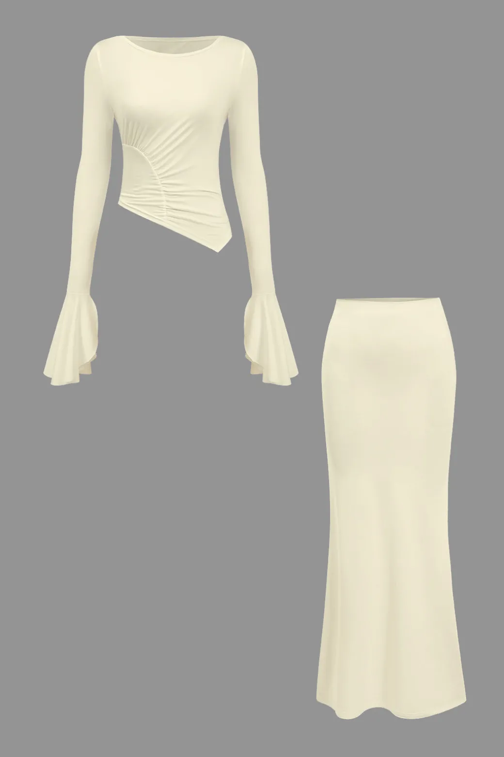 Ruched Bell Sleeve Top And Skirt Set