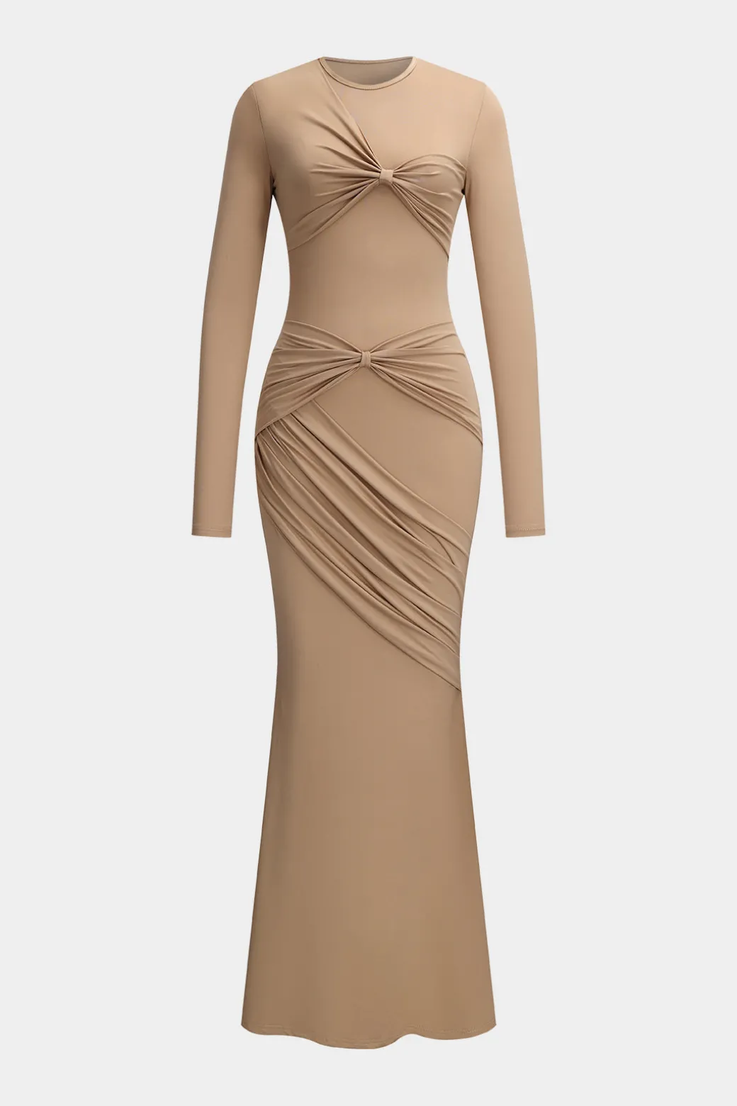 Ruched Bow Round Neck Long Sleeve Maxi Dress