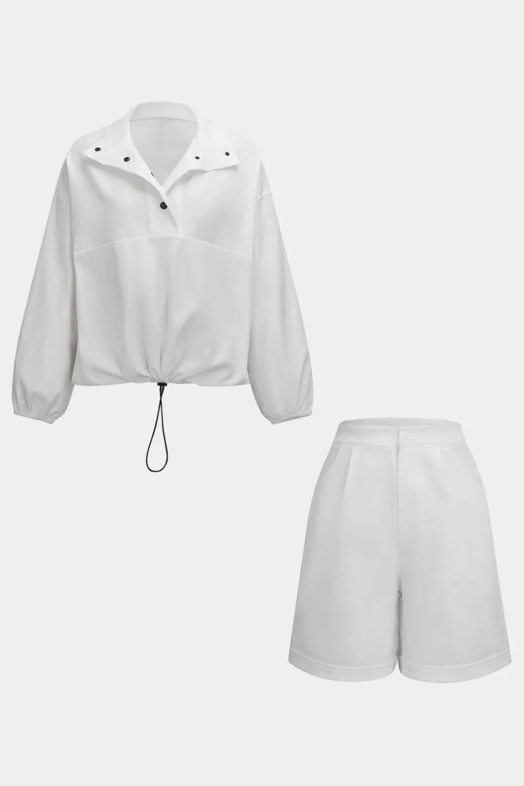 Ruched Drawstring Button Long-Sleeve Top And Shorts Set