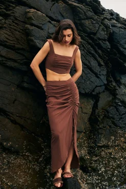 Ruched Drawstring Split Skirt