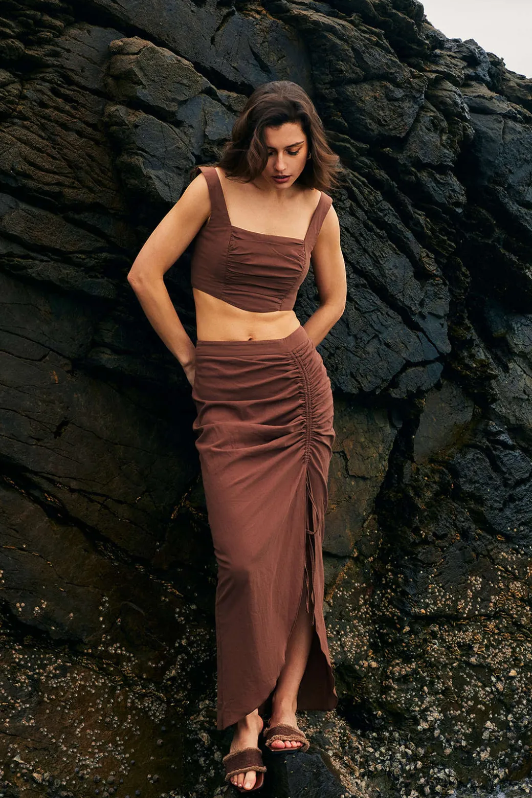 Ruched Drawstring Split Skirt