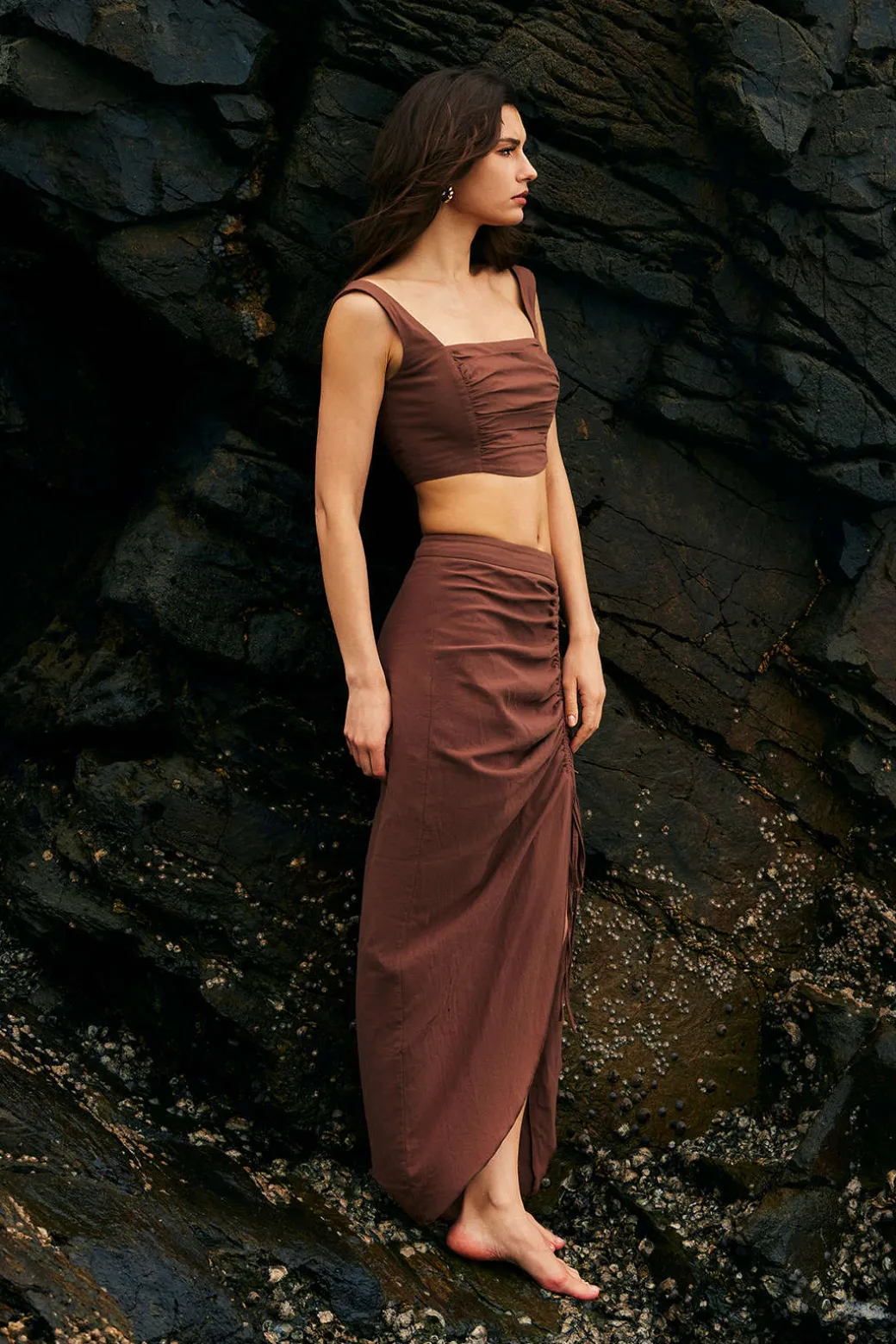 Ruched Drawstring Split Skirt