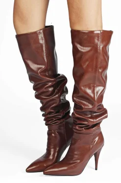 Ruched Faux Leather Pointed Toe Knee High Boots