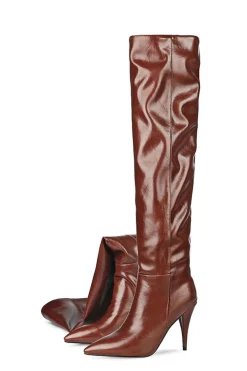 Ruched Faux Leather Pointed Toe Knee High Boots