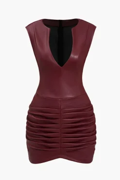Ruched Faux Leather V-Neck Bodycon Mini Dress