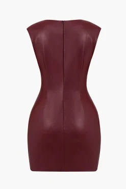 Ruched Faux Leather V-Neck Bodycon Mini Dress