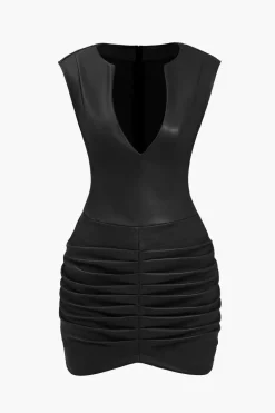 Ruched Faux Leather V-Neck Bodycon Mini Dress
