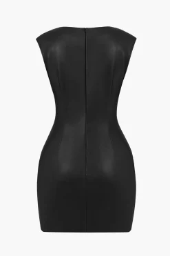 Ruched Faux Leather V-Neck Bodycon Mini Dress
