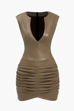Ruched Faux Leather V-Neck Bodycon Mini Dress