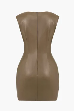 Ruched Faux Leather V-Neck Bodycon Mini Dress