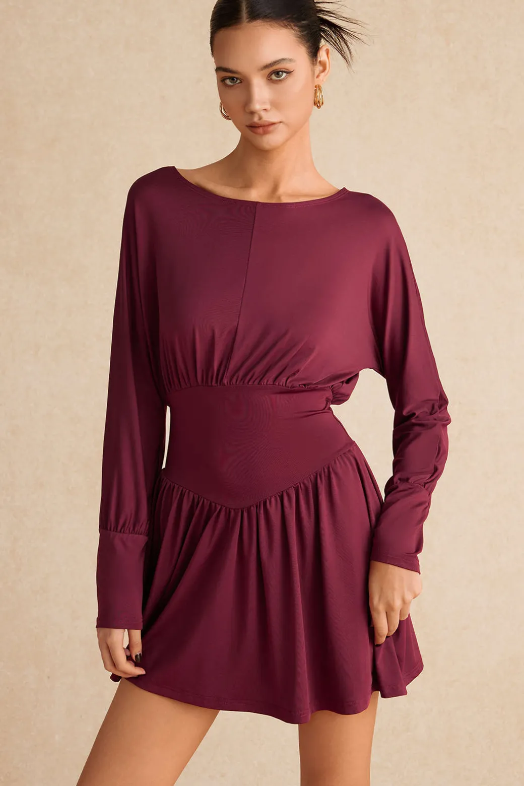 Ruched Long Sleeve Retro Mini Dress