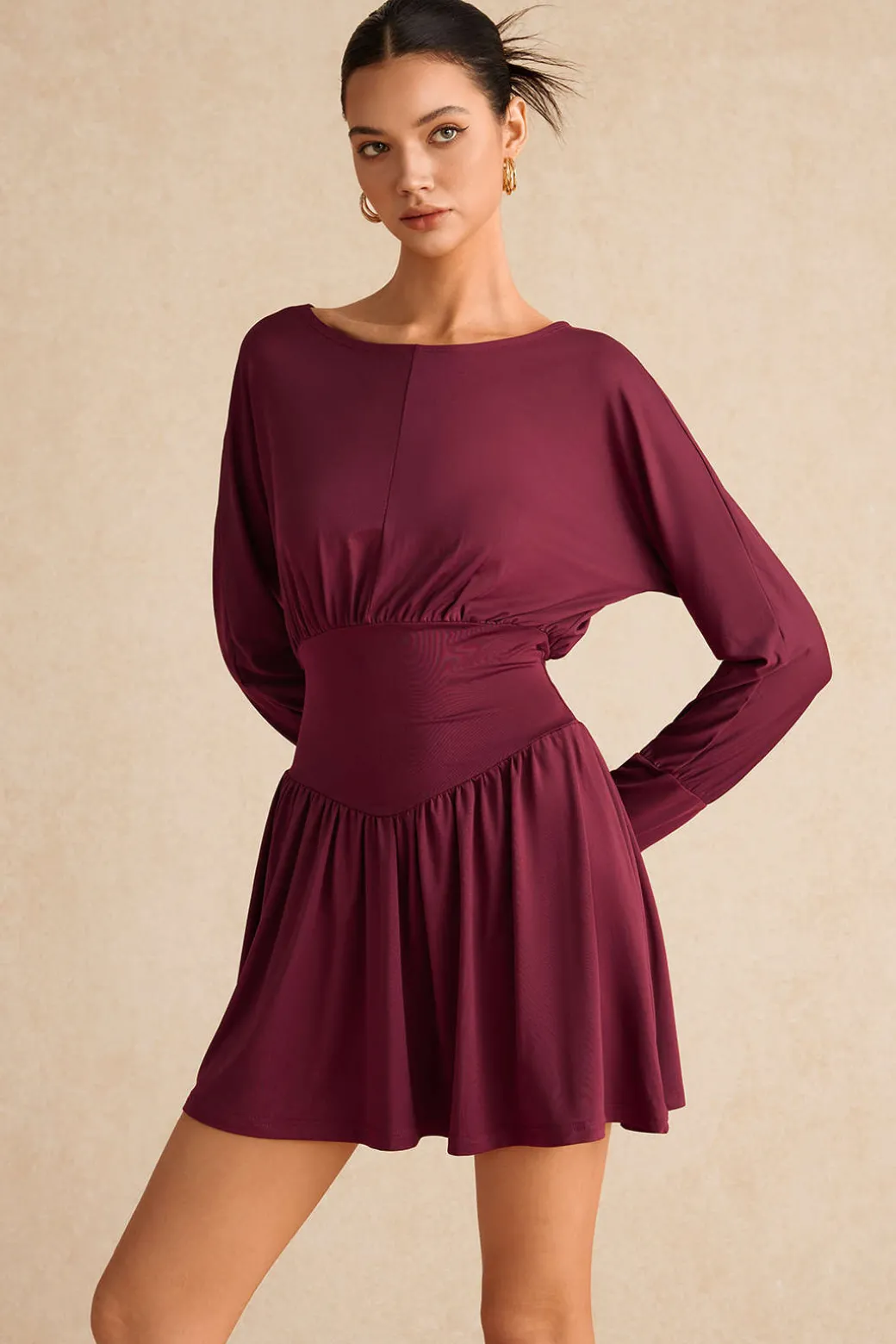 Ruched Long Sleeve Retro Mini Dress