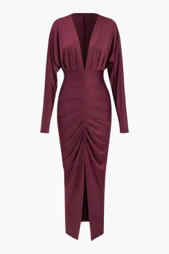 Ruched Long Sleeve V-Neck Maxi Dress