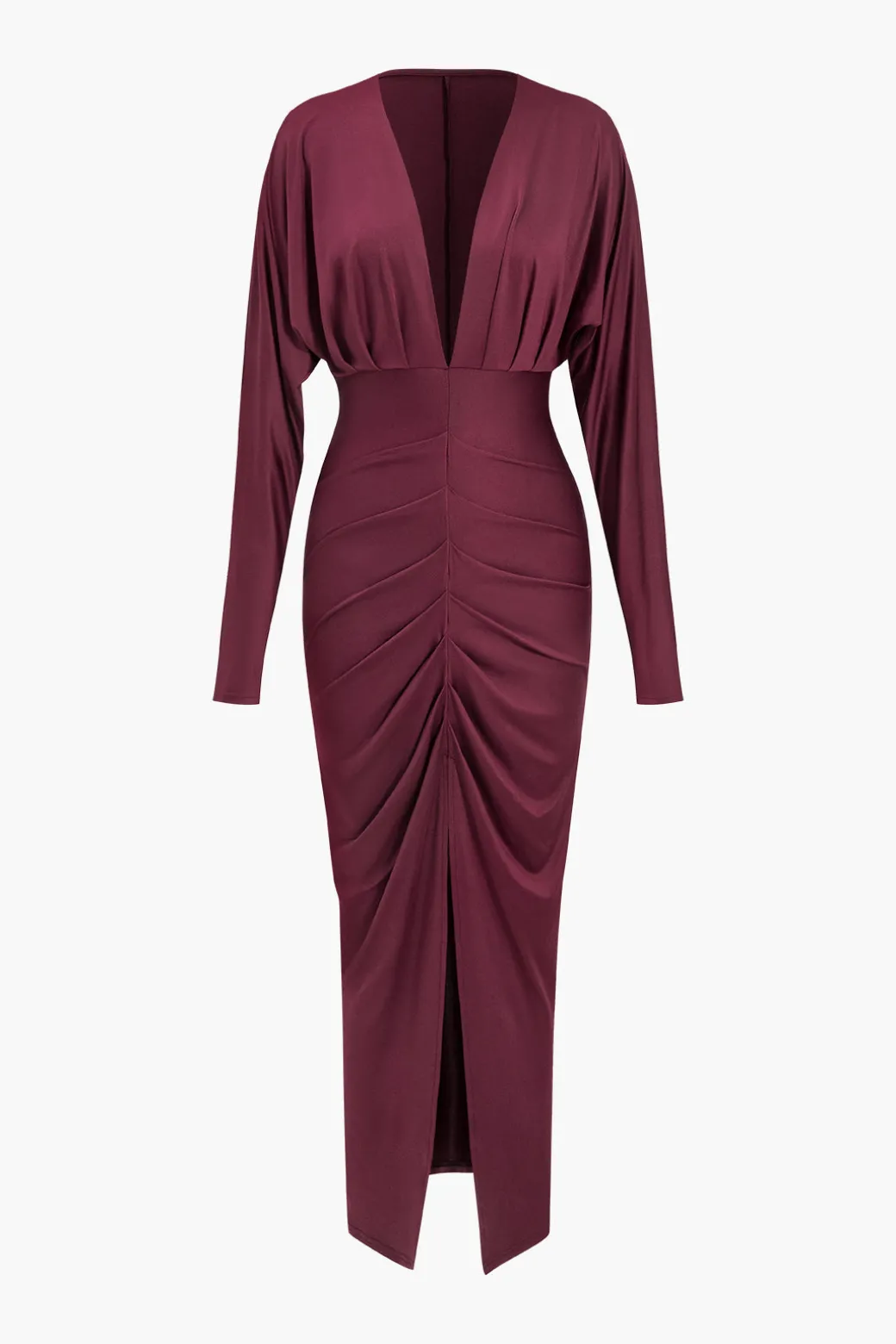 Ruched Long Sleeve V-Neck Maxi Dress