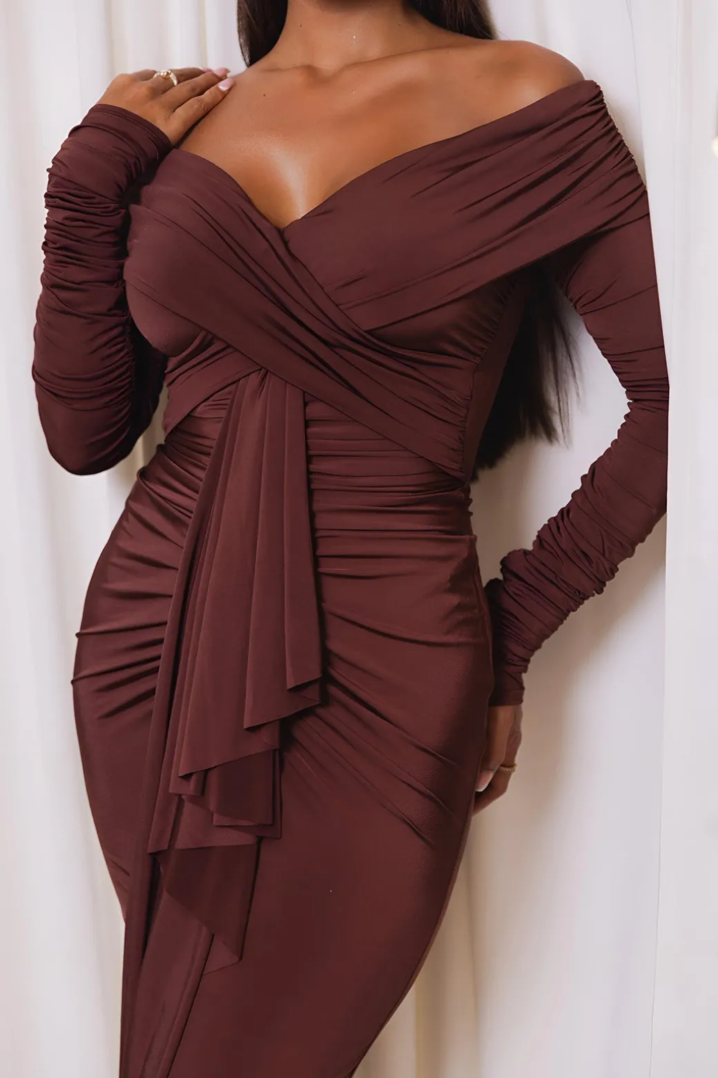 Ruched Off Shoulder Drape Detail Maxi Dress