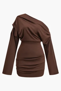 Ruched One Shoulder Long Sleeve Mini Dress