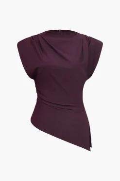 Ruched Padded Shoulders Asymmetrical Short Sleeve T-Shirt