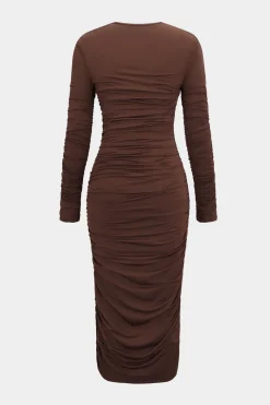 Ruched Round Neck Long-Sleeve Midi Dress
