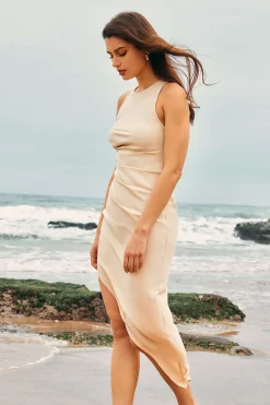 Ruched Sleeveless Asymmetric Hem Midi Dress