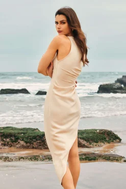 Ruched Sleeveless Asymmetric Hem Midi Dress