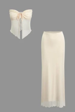 Ruched Sleeveless Double-Layered Mesh Split Strapless Top And Maxi Skirt Set