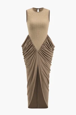 Ruched Sleeveless Round Neck Slit Maxi Dress