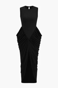 Ruched Sleeveless Round Neck Slit Maxi Dress