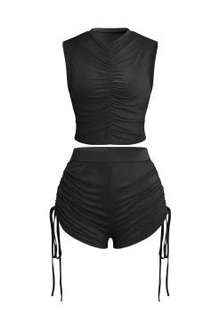 Ruched Sleeveless Top and Drawstring Shorts Set