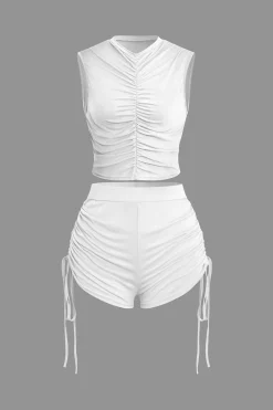 Ruched Sleeveless Top and Drawstring Shorts Set