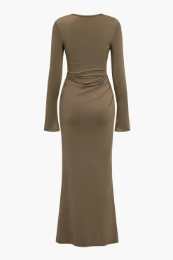 Ruched V-Neck Long Sleeve Maxi Dress