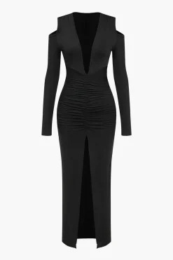 Ruched V-Neck Long Sleeve Maxi Dress
