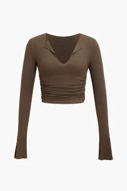 Ruched V-neck Slit Sleeve Top
